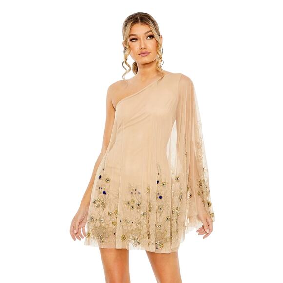 Mac Duggal NWT One Shoulder Embellished Trapeze Mini Dress in Nude Gold Size 2